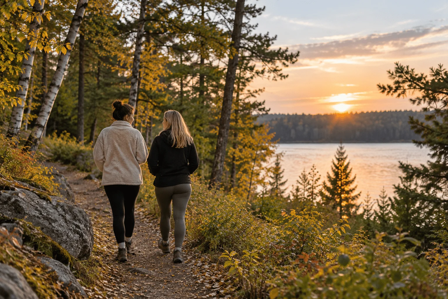 Women walking together outdoors during residential addiction treatment and recovery